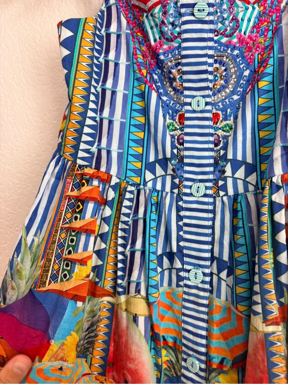 Camilla Blue Multicolor Striped Tropical Print Girls' Dress - Picture 4 of 11